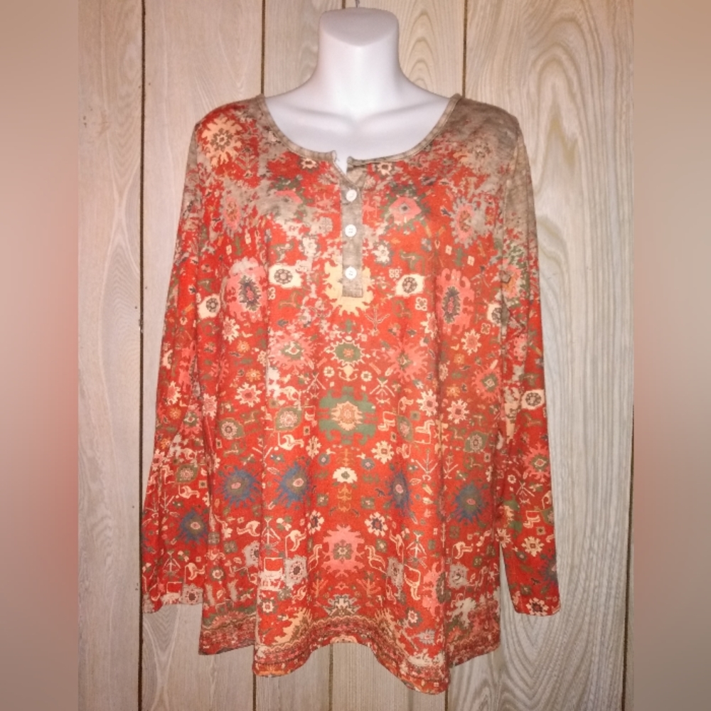 Pullover, long sleeve shirt with southwest pattern in rust. New without tags.